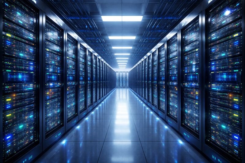 rows of data storage server in a datacenter