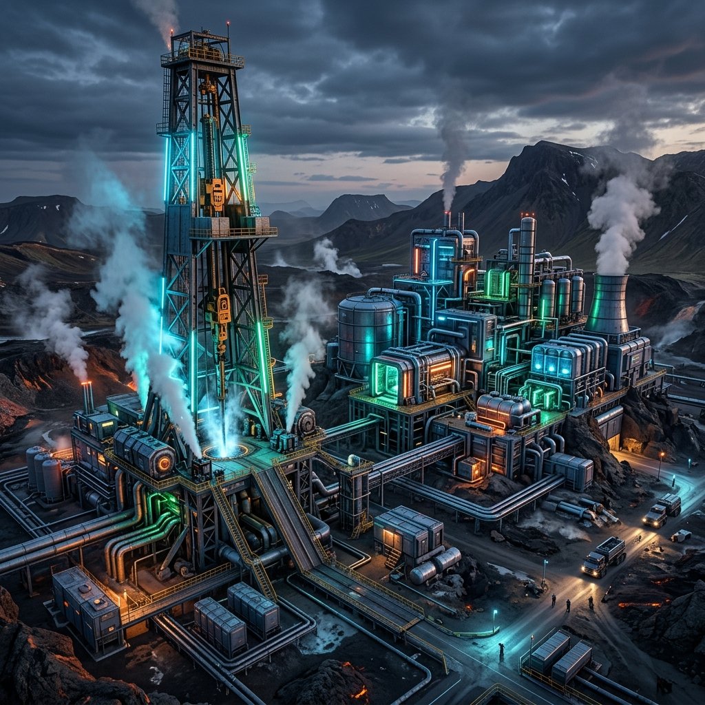 Massive geothermal drilling and water purification plant representing Tier 3 physical AI infrastructure