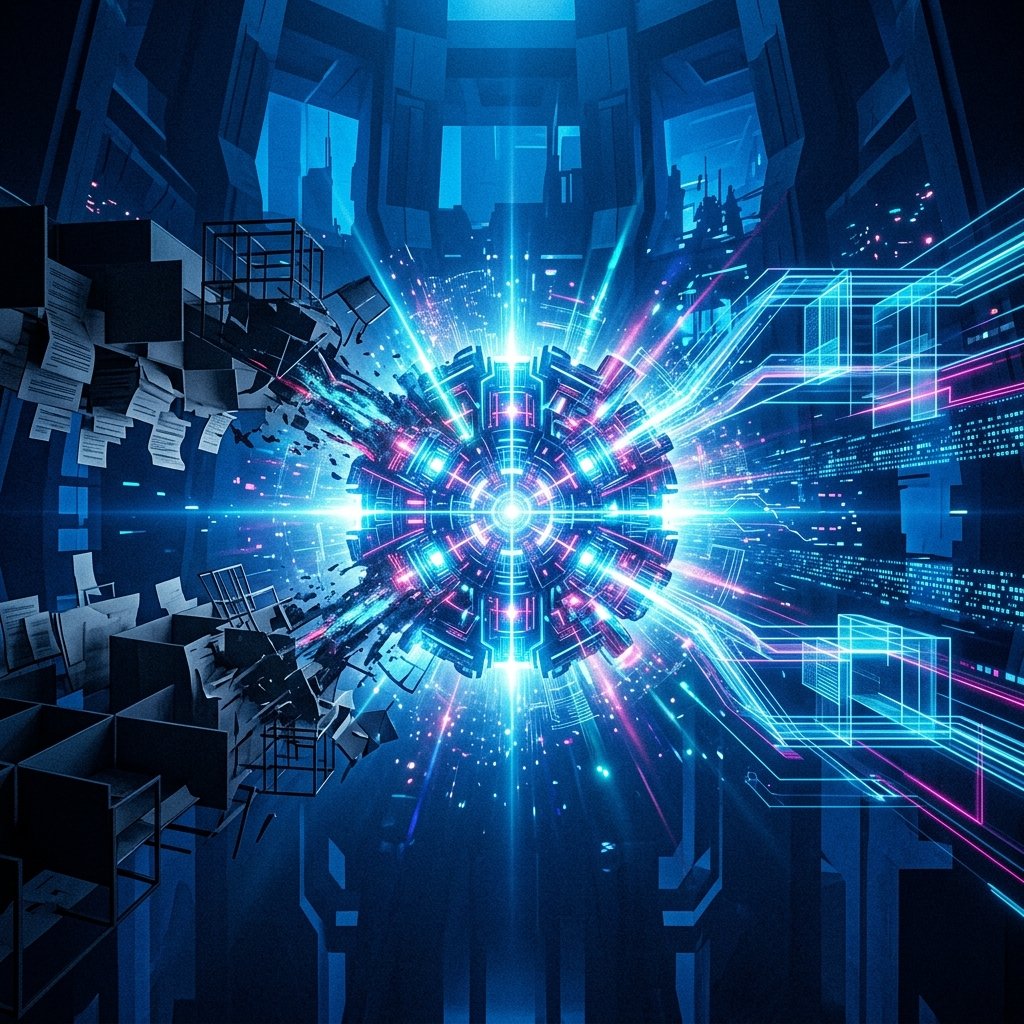 Conceptual illustration of the AI reorganization cycle and Phase 3 machine economies replacing human workflows
