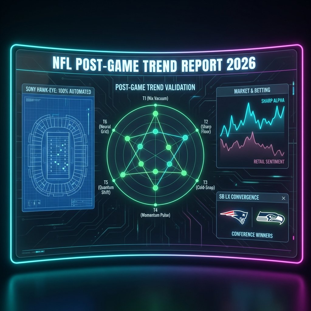 high-tech data visualization dashboard for 'NFL Post-Game Trend Report 2026'