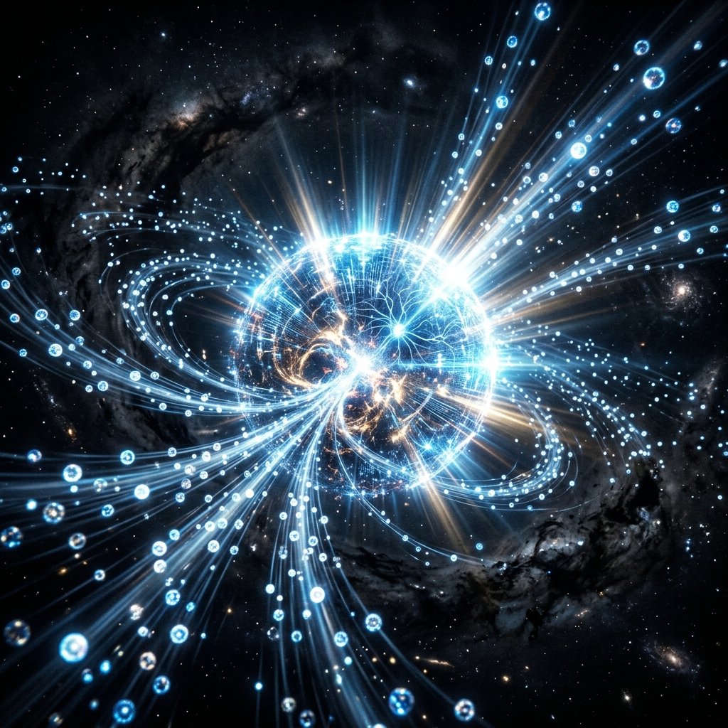 Small glowing orbs merging into a massive AI nexus illustrating the AI consolidation event