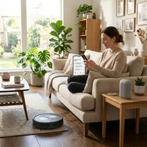 A person sitting in a modern, sunlit living room using a smartphone showing a dashboard, with a smart speaker on a table and a robotic vacuum cleaner on the floor, representing ambient consumer AI.