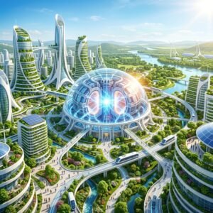 Utopian fusion-powered city representing the Phase 5 AI horizon and post-scarcity economics