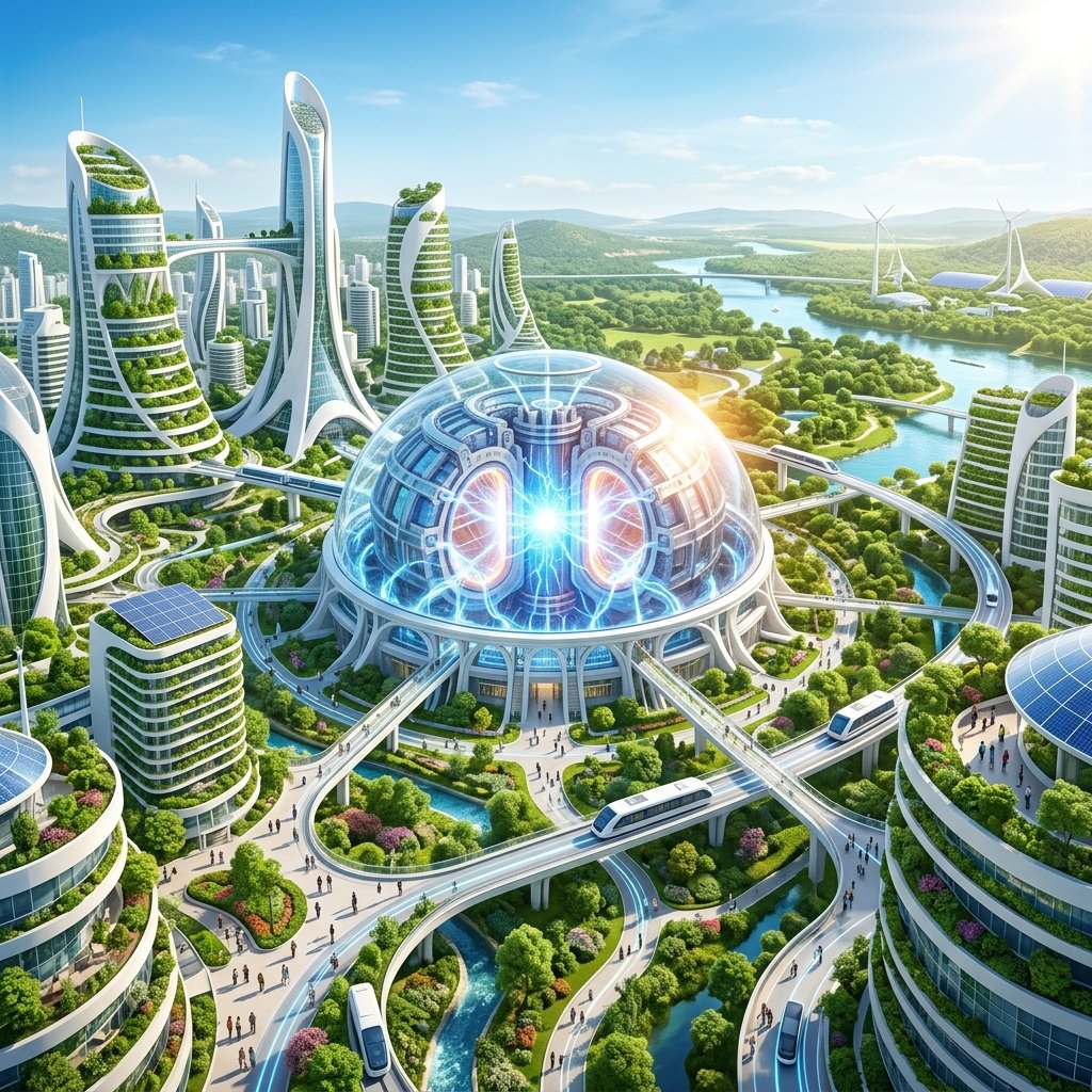 Utopian fusion-powered city representing the Phase 5 AI horizon and post-scarcity economics