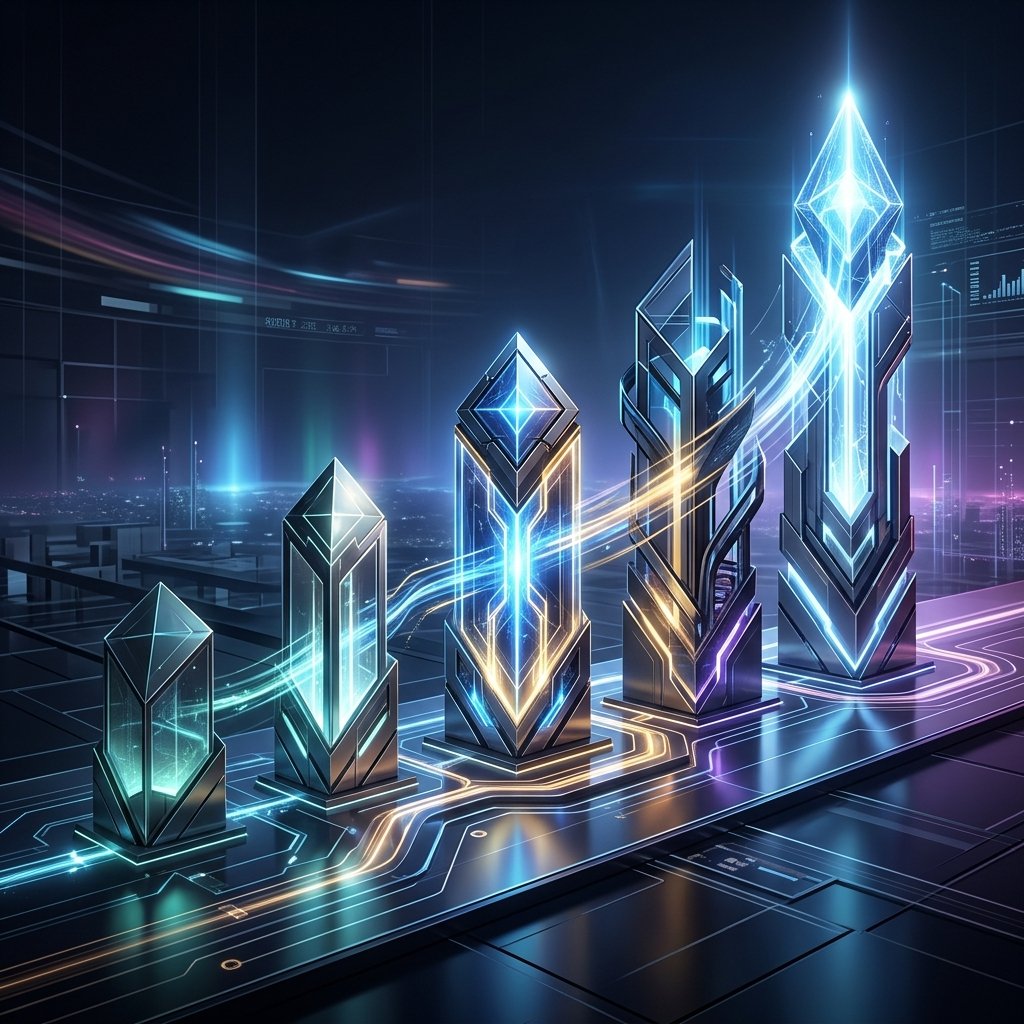 Five ascending monoliths representing the 5-phase sequence of AI adoption and intent-driven architecture